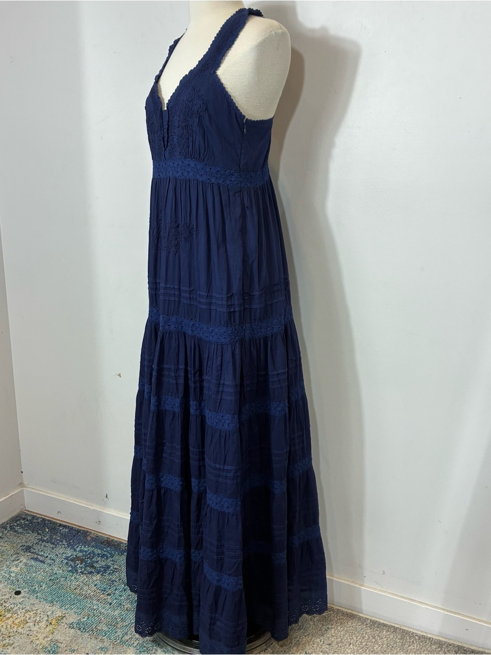 Roller Rabbit Navy Blue Persephone Dress Small Embroidered Lace Tiered Maxi S - Picture 6 of 12